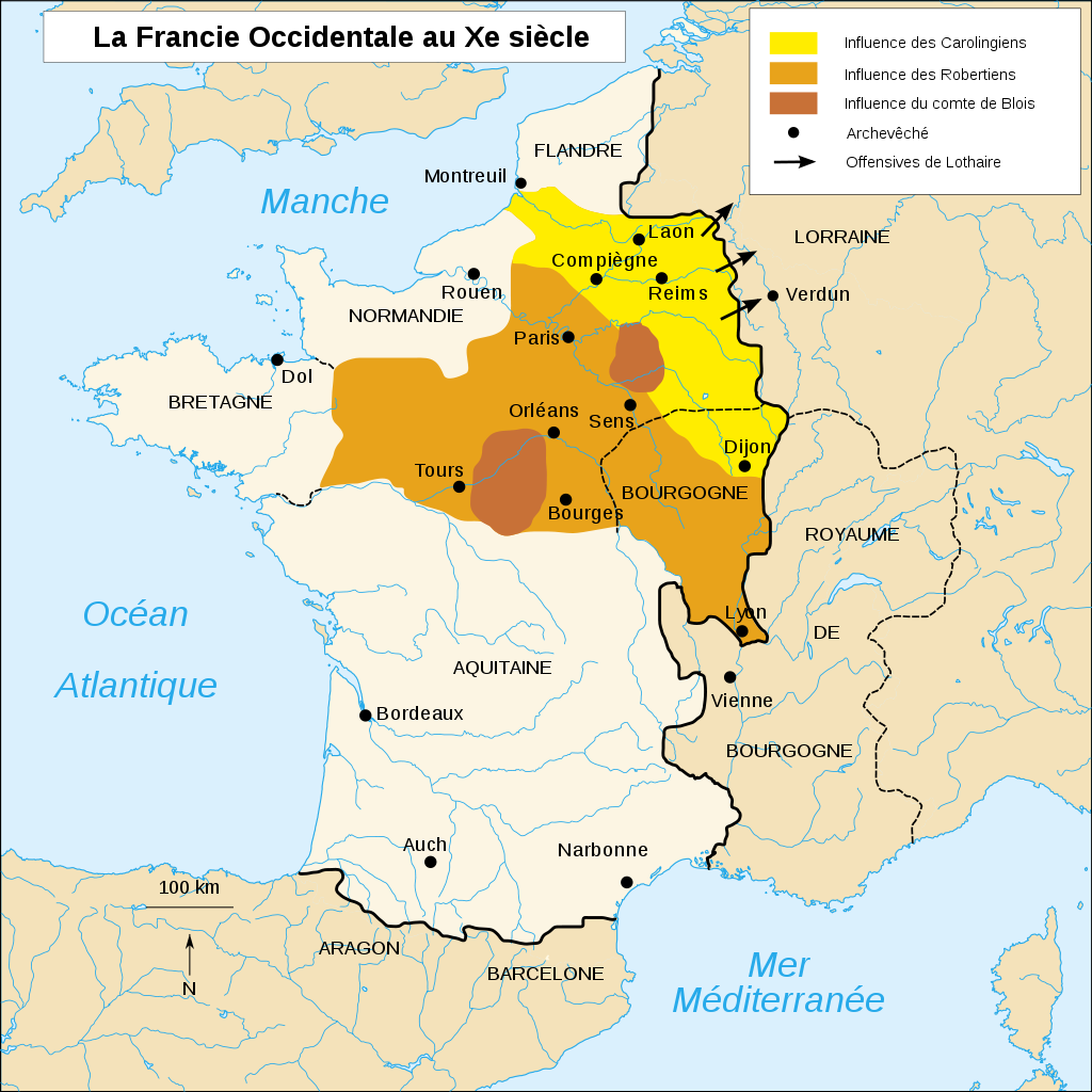 Royaume de Francie au temps des derniers Carolingiens - D'après L.Theis - L'Héritage des Charles, Seuil, Paris, 1990, p. 168.